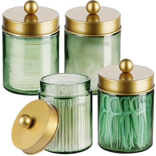 Amolliar Sage Green Apothecary Glass Jar With Metal Lid & Stickers, Bathroom Qtip Holder Storage Canister, Farmhouse Decor...