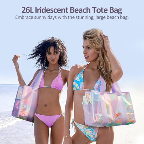 Beach Bag 26L Large Iridescent Waterproof Beach Tote Bag for Women with Zipper & Phone Pouch Sand/Tip-Proof Crossbody