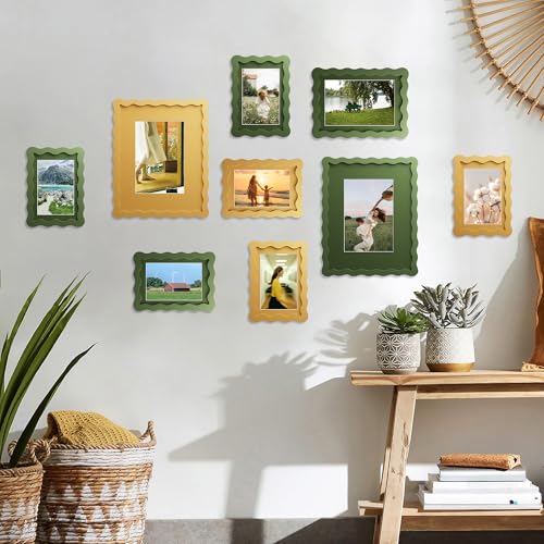 THKRLOF 4x6 Picture Frame with Mat for 3.5x5, Wavy Edge Wooden Real Glass Photo Frame for Tabletop and Wall Hanging, Gree...