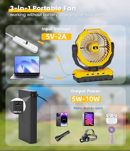 Korbot 24000mAh Detachable Battery Camping Fan - 3-in-1 Portable Camping Fans with LED & Remote - 4 Speeds Battery Operate...