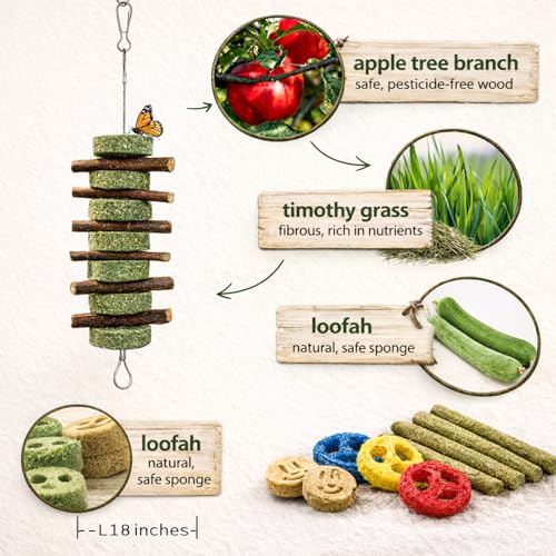 Grddaef 20 PCS Bunny Chew Toys for Teeth, Natural Rabbit Toys Apple Wood Grass Timothy Sticks Chew and Treat for Guinea Pi...