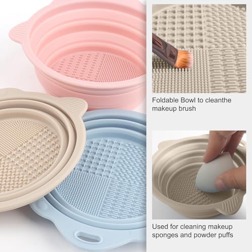 Silicone Makeup Brush Cleaner Bowl-Foldable Brush Cleaning Pad,Portable Cosmetic Brushes Washing Tool Travel,Apricot Gray