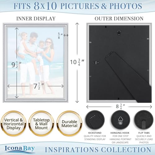 Icona Bay - 8x10 Silver Picture Frame - Beautifully Detailed Molding - Contemporary Picture Frame - Wall Mount or Table To...