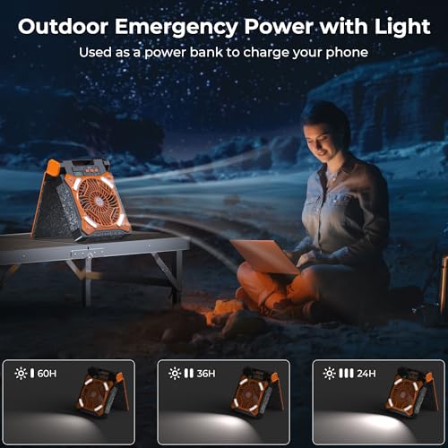 KITWLEMEN Upgraded Solar Camping Fan with Lantern - Rechargeable Battery Operated Fan, 36H Run Time Max, 4 Speeds, 8H Time...