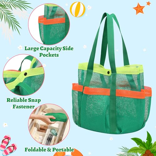 GQIRIL Mesh Beach Bag, Foldable Waterproof Sandproof Beach Storage Tote with 6 Pockets, Swim Tropical Vacation Pool Essential