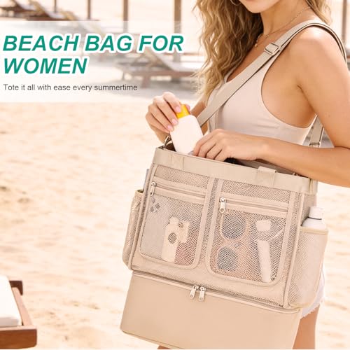 Beach Bags for Women, Large Beach Tote Bag Waterproof Mesh Swim Pool Bag with Cooler for Travel Vacation Essentials