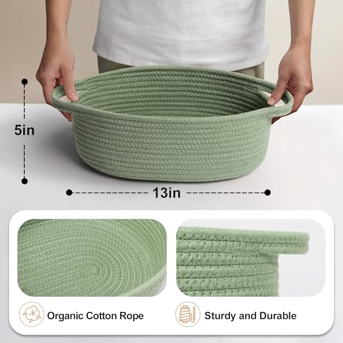 MEGASKET Green Woven Basket, 13" x 9" x 5" Baskets for Gifts Empty, Cute Cotton Rope Cat Dog Toy Bin Box, Small Woven Bin ...