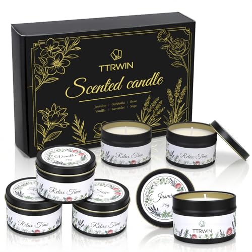TTRWIN Relaxing Scented Candles Gift Set - 6 Natural Soy Wax Candles for Cosy Home, Aromatherapy Soy Candles in Jars, Stre...