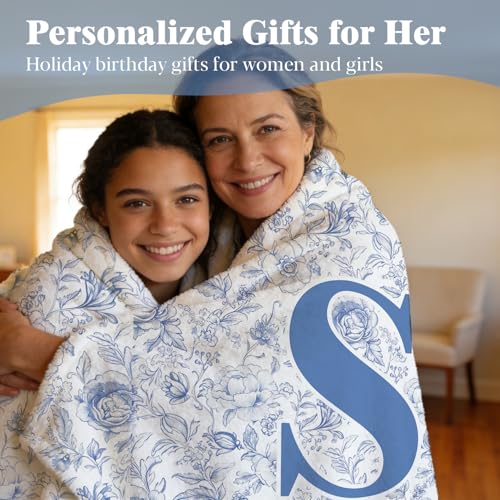 ShowDraven Throw Blanket Custom Initial Letter S Personalized Monogrammed Gifts for Women Teen Girls Frends, Boho Cute Blu...