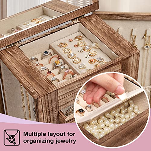 Emfogo Jewelry Box for Women, 5 Layer Large Wood Boxes & Organizers for Necklaces Earrings Rings Bracelets, Rustic Organiz...