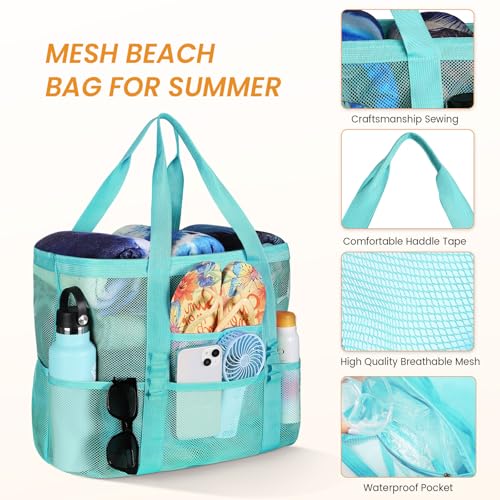 Tavaleu Mesh Beach Bag - Large Beach Tote with Multi Functional Pockets for Family Travel/Vacation