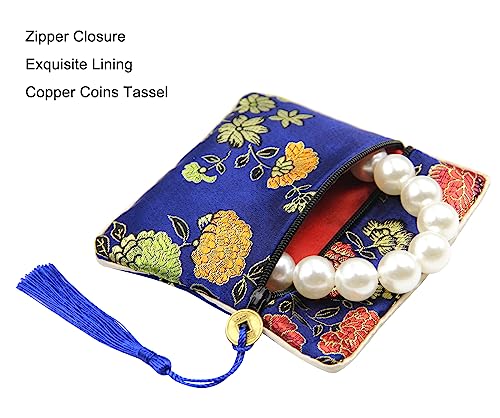 PINOWU 8pcs Silk Brocade Jewelry Bags with Zipper (11.5x11.5cm), Jewellery Silk Purse Pouch Gift Bags for Women Coins Trav...