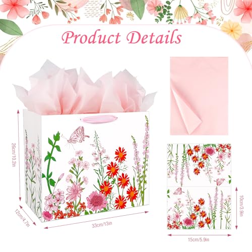Konsait 13" Large Floral Gift Bags, Red and Pink Flower Gift Bags with Tissue Paper and Card for General Greeting, Bridal ...