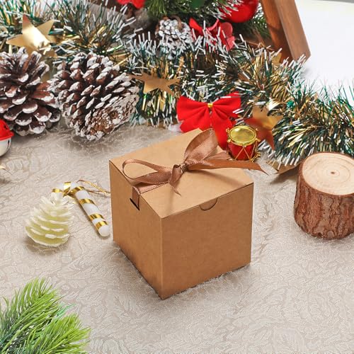 DOYIDE Small Gift Boxes, 60 Pcs 4x4x4 Inch Brown Elegant Paper Box with Ribbons, Party Favor Boxes for Candy Cupcake Chris...