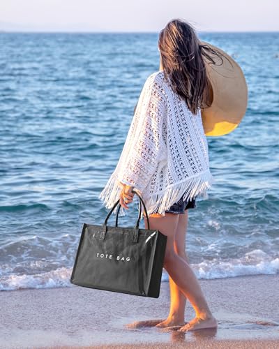 Large PVC Tote Bag for Women, Kraft Paper Handbag Beach Tote with Letter Print, Top Handle Purse for Work Travel Shopping