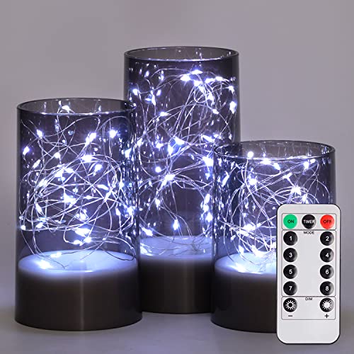 Homemory Flickering Flameless Candles with Remote, Embedded String Lights in Acylinder Vase, Battery Operated Fake Candle...