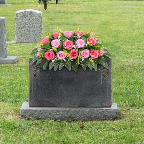 MOOMASS Cemetery Headstone Flower Saddle - Artificial Cemetery Flowers Rose, Grave Decoration，Non-Bleed Colors, and Easy F...