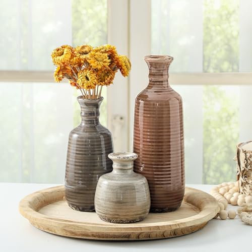 Ceramic Vases Set of 3, Neutral Rustic Farmhouse Vases Home Decor Decorative Flower Vase Modern Boho Pampass Vase for Tabl...