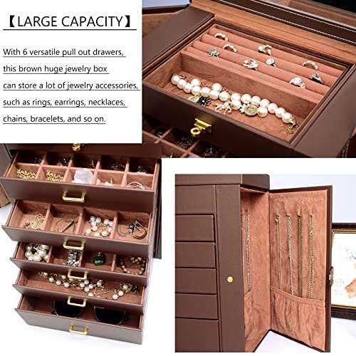 AKOZLIN Extra Large 6-Tier Jewelry Box Organizer with Mirror, 5 Drawers Leather Jewelry Storage Case for Women Girls Ring ...
