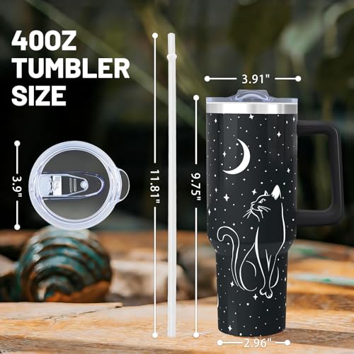 xspgrnm 40oz Black Cat Tumbler With handle, Halloween Goth Stainless Steel Leak Proof Travel Coffee Mug Cup Water Bottle T...