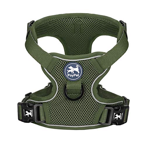 PoyPet Reflective Soft Breathable Mesh Dog Harness Choke-Free Double Padded Vest with Adjustable Neck and Chest(Military G...