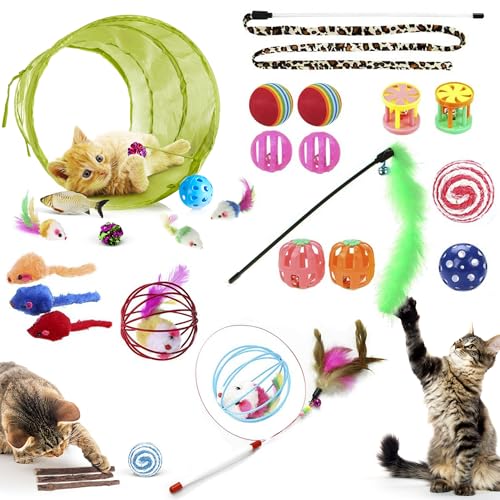 SunGrow Cat Tunnel and Assorted Activity Variety Pack, Interactive Kitten Accessories, for Indoors, Teaser Wand, Crinkle B...