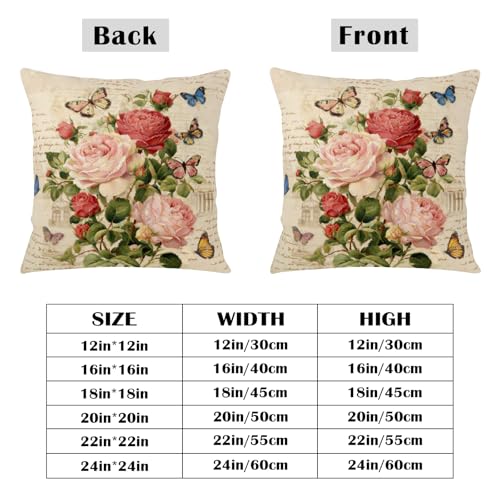 Kwlegh Vintage Rose Flower Pillow Covers Spring Summer Butterfly Floral Throw Pillow Covers 18x18 Set of 2 Rustic Rose Far...