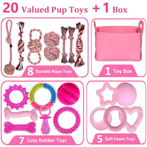 PawsAion Puppy Toys Set - 20 Pack Pink Dog Chew Toys for Teething Small Breeds - Tough Rope Toys for Puppies, Cute Soft Ru...