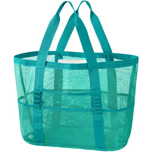KPX Mesh Beach Bag, Large Beach Tote Bags for Women Foldable Mesh Swimming Pool Bag with Mini Pockets - Sandproof, Waterproof