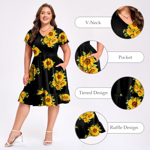 Women's Plus Size Casual Dress V Neck Ruffle Floral Short Sleeve Summer Midi Dresses with Pockets