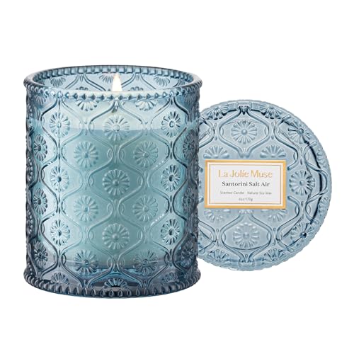 LA JOLIE MUSE Santorini Salt Air Candle - Bergamot, Sea Daffodil, Sandalwood | 6 oz Natural Soy Wax | 40 Hours Clean Burn...