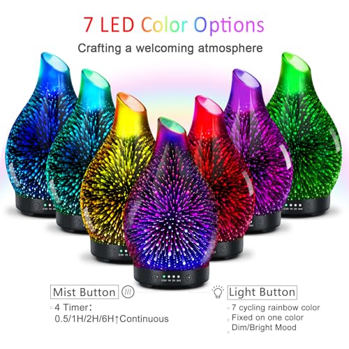 Essential Oil Diffuser 150ML -3D Firework Glass Aromatherapy Diffusers for Essential Oils with 4 Timer Setting Auto Shut-O...