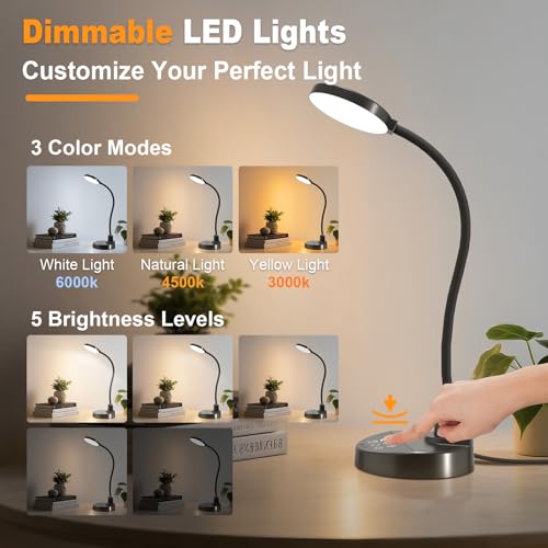 15W LED Desk Lamp with USB Charging Ports – Dimmable Table Lamp with 3 Color Temps, 5 Brightness, 4 Timers, Flexible Goose...