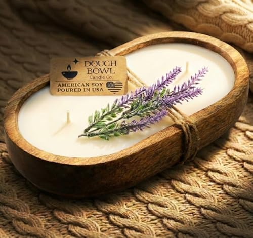 Dough Bowl Candle Co. Wooden Bowl Candle - 20 Oz. 10x6x2 3-Wick Large Lavender Soy Candles for Home Scented, Long Lasting ...
