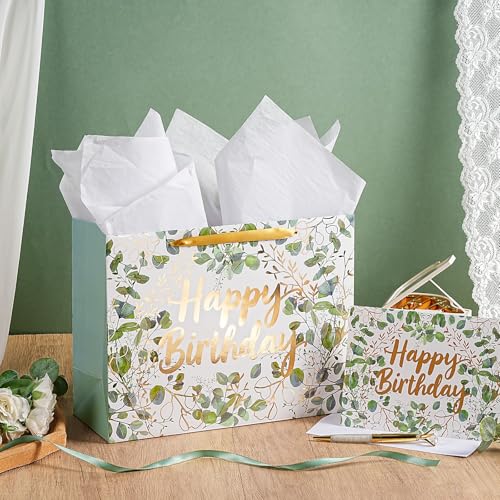 WRAPAHOLIC 13" Large Birthday Gift Bag with Card and Tissue Paper - Green and Gold Foil Eucalyptus Paper Bags for Kids Bir...