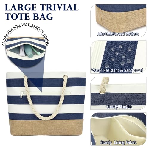 Fammart Beach Bags Waterproof Sandproof for Women, Large Canvas Pool Bag with Leakproof Wet Pocket & Zipper Cruise Essentials