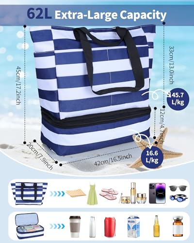 NBERMOTION Beach Bag with Detachable Cooler, 62L Large Beach Bags Waterproof Sandproof for Women,Travel Tote Bag for Family