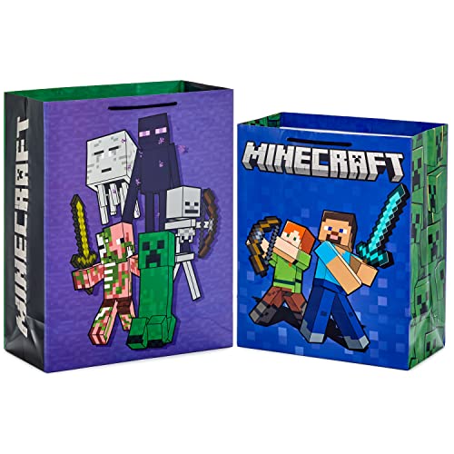 Hallmark Minecraft Gift Bag Bundle (2 Bags: 13" Large Blue Bag, 15" Extra Large Green) for Birthdays, Christmas, Valentin...