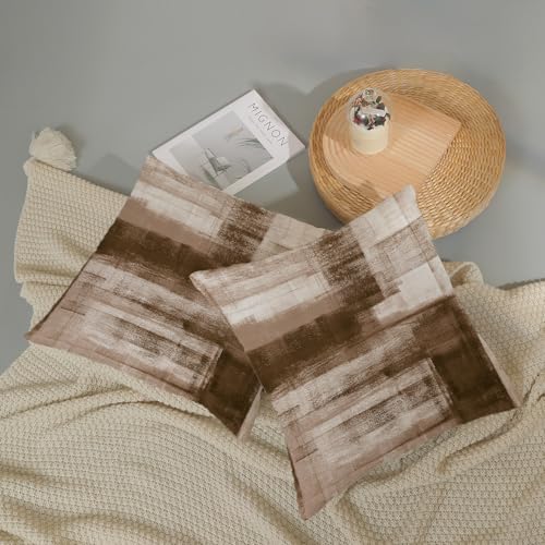 AEIOAE Brown Beige White Pillow Covers 20x20 Inch Set of 2,Abstract Art Throw Pillows Case,Modern Geometry Outdoor Decorat...