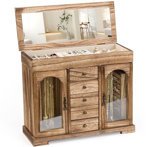 Miratino Jewelry Box for Women Girls, Rustic Wooden Jewelry Organizer Box with Mirror, 5 Layer Jewelry Storage Case Displa...