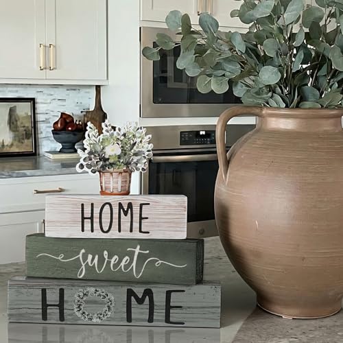 Cinnvoice 4 Pcs Farmhouse Wooden Tabletop Decor Green Eucalyptus Leaves Spring Rustic Tiered Tray Decor Home Sweet Home Ta...