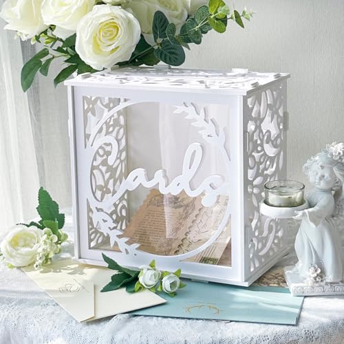 OurWarm White Wedding Card Box for Receptions, PVC Gift Card Box for Wedding with Acrylic Windows, Rustic Envelope Money G...