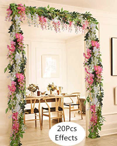 DearHouse 4Pcs 6.6Ft/Piece Artificial Flowers Silk Wisteria Garland Artificial Wisteria Vine Rattan Silk Hanging Flower fo...
