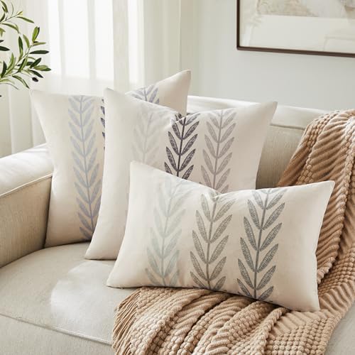 YZJZEDS 100% Cotton Farmhouse Leaves Lumbar Throw Pillow Covers Set of 2, 12x20 Inch Mixed Grey Pastoral Decorative Print ...