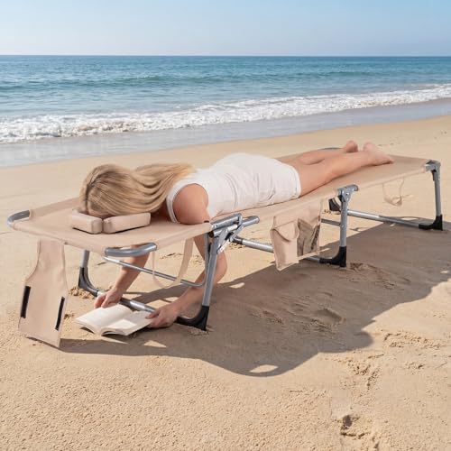 COSTWAY Tanning Chair with Face Hole, Folding Beach Lounge Chair with 4-Position Adjustable Backrest, Pillow & Side Pocke...