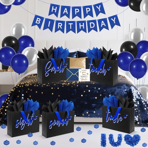 Epoesch 5 Senses Gift Bags for Him with Labels & Tissue Paper | Happy Birthday Decorations Kit with Banner, Balloons, Rose...