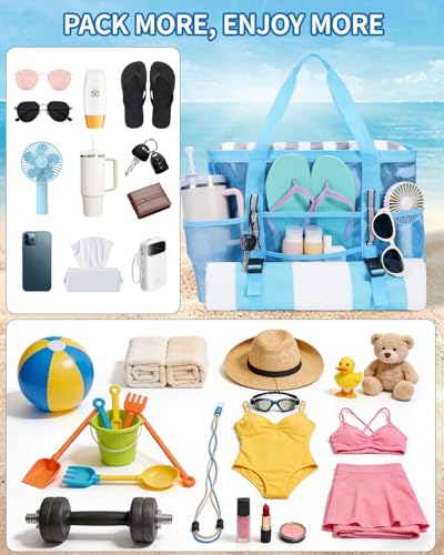 WANDF Mesh Beach Bag for Women, Large Beach Tote Bags with 40oz Tumbler Side Pockets, Family Pool Bag for Swim Toys Towels...
