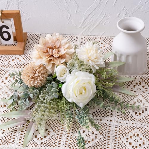 Fake Flowers in Vase, Artificial Flowers with Vase, 15.7'' Floral Arrangements for Dining Table Centerpiece Decor, Silk Ro...