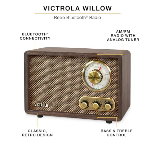 Victrola Willow – Retro Wood Bluetooth Radio with Built-in Speakers: Elegant & Vintage Design, Rotary AM/FM Tuning Dial, B...