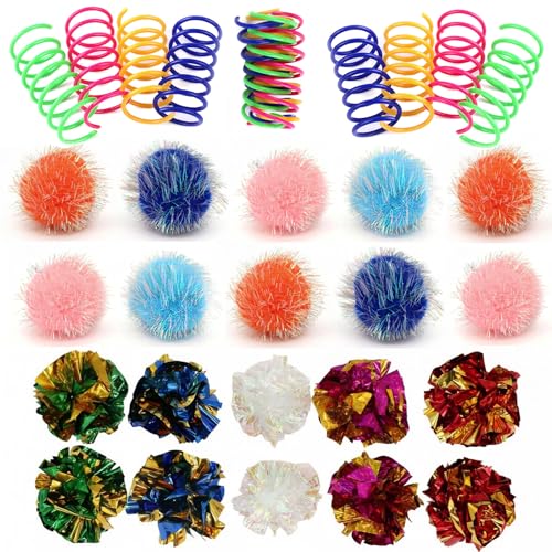 LASOCUHOO Cat Toys, 30 Packs Interactive Cat Toy Pack Including Cat Crinkle Balls, Cat Sparkle Balls, Spiral Springs for K...